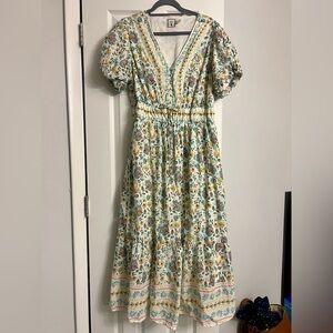 Floral V-Neck Dress in Cream and Green